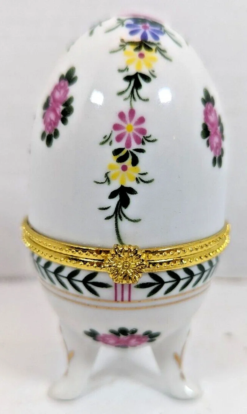 Egg-Shaped White with Flower and Gold Accents Ceramic Footed Trinket Box Vintage